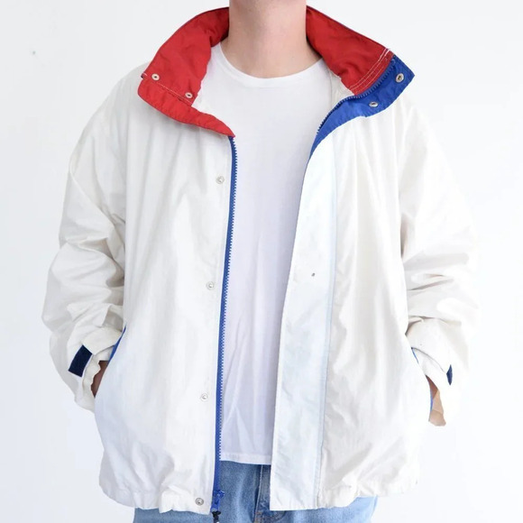 Vintage Y2K Tommy Hilfiger White Full Zip Windbreaker w Hidden Hood Size  Large - Picture 1 of 15